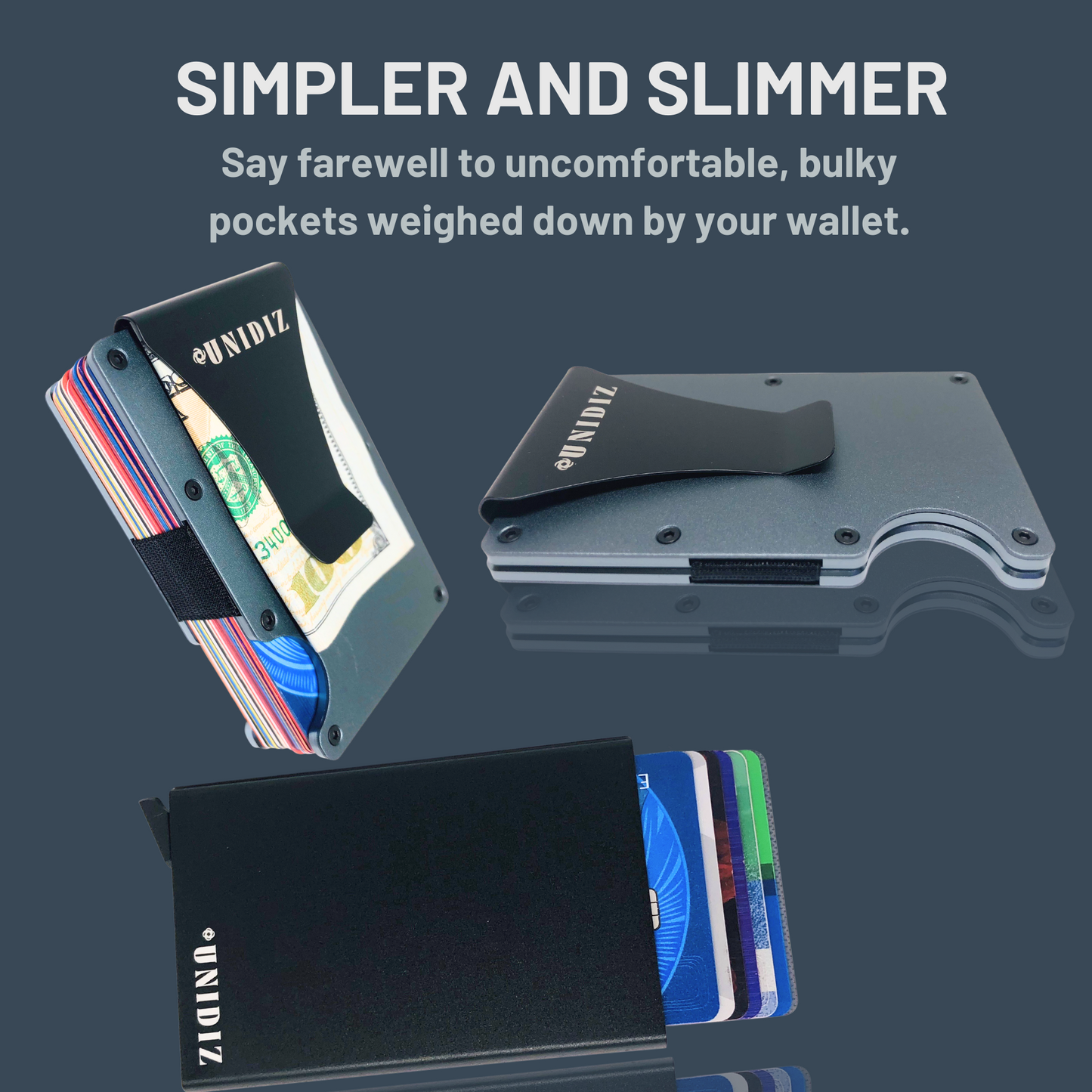 UNIDIZ Minimalist RFID Aluminum Slim Wallet Duo - RFID Blocking Front Pocket Credit Card Holder & Money Clip - Aluminum Metal Small Men's Wallets